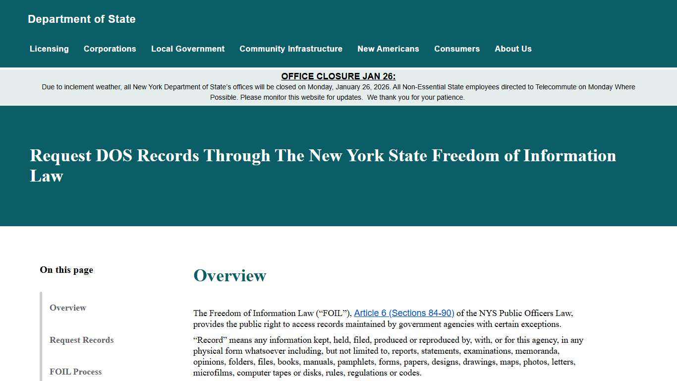 Request DOS Records Through The New York State Freedom of Information Law Department of State