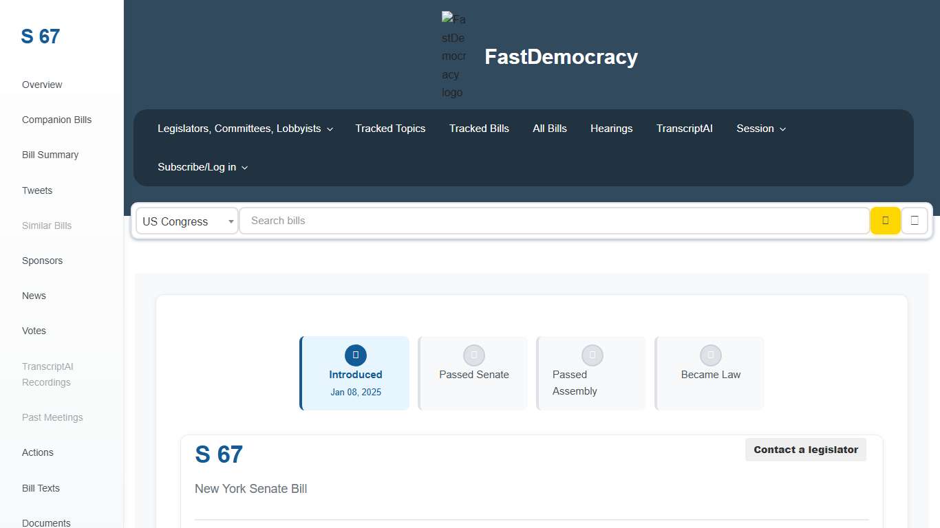 Bill tracking in New York - S 67 (2025-2026 legislative session) - FastDemocracy
