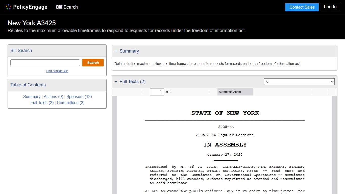 A3425 New York 2025-2026 Relates to the maximum allowable timeframes to respond to requests for records under the freedom of information act - Legislative Tracking PolicyEngage