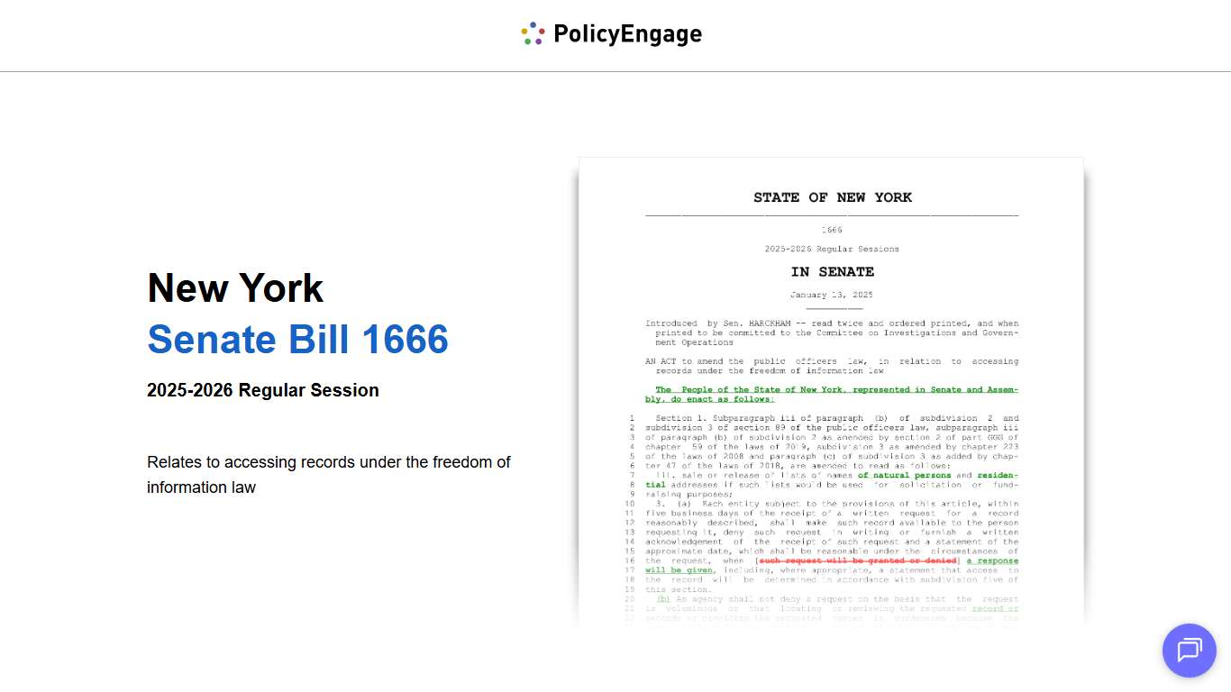 NY S1666 2025 New York Senate Bill 1666 2025-2026 Regular Session Relates to accessing records under the freedom of information law PolicyEngage