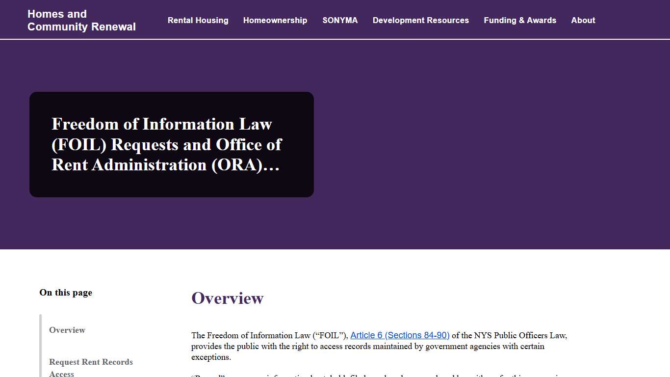 Freedom of Information Law (FOIL) Requests and Office of Rent Administration (ORA) Requests for Records Homes and Community Renewal