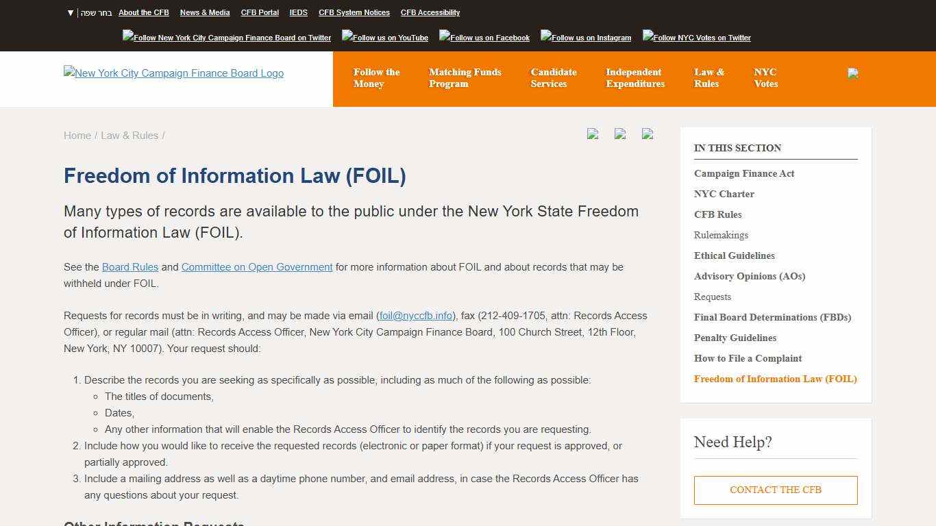 Freedom of Information Law (FOIL) New York City Campaign Finance Board
